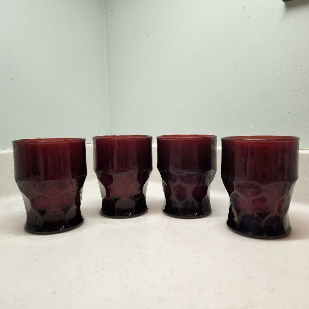 Vintage Anchor Hocking Ruby Red Depression Glass Drinking Tumbler Set of 4